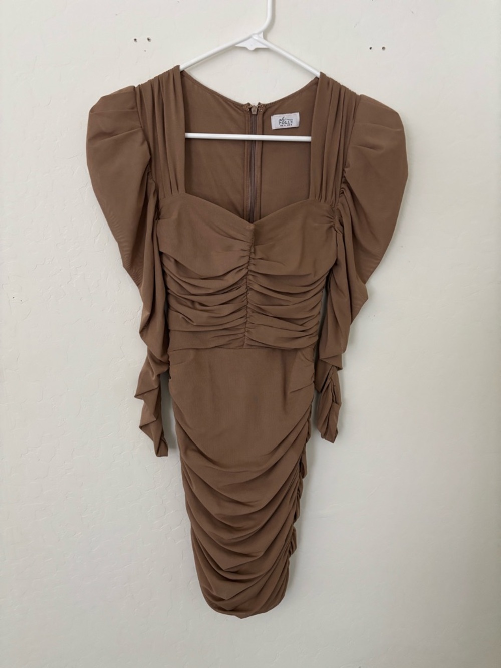 Oh Polly Size 2 Brown Ruched Mini Dress Puff Sleeve Bodycon